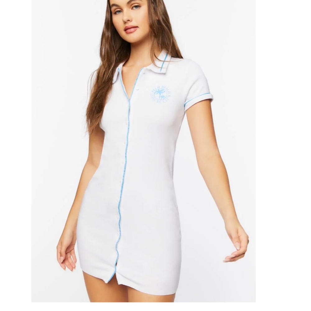Y2K mini dress white ribbed button up polo sundress 90s
